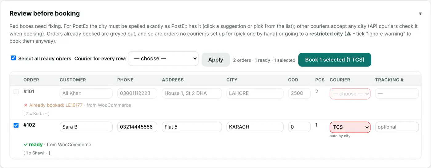 Review before booking. Greyed rows need attention: no courier set up for the city, or a restricted city (⚠).