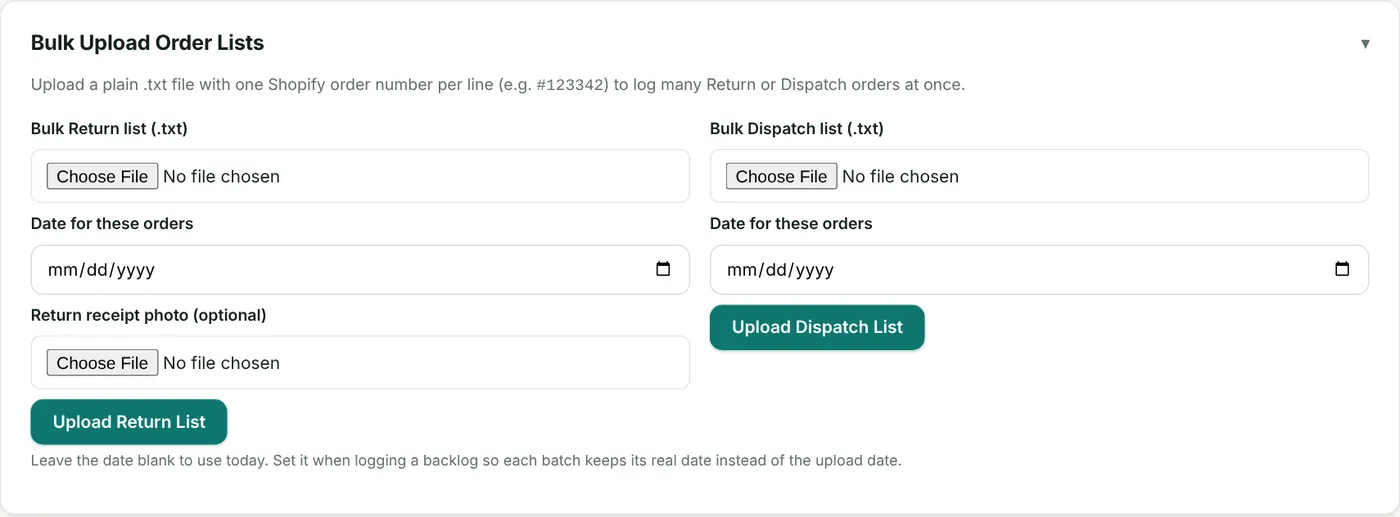 Bulk Upload: one file for returns, one for dispatches.