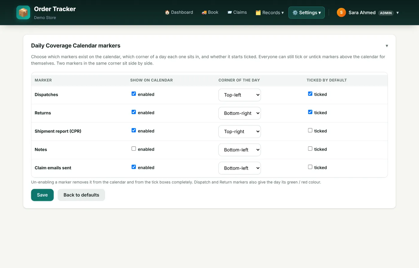Calendar markers settings.