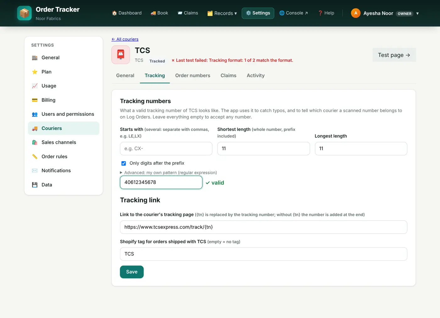 A courier's setup page.