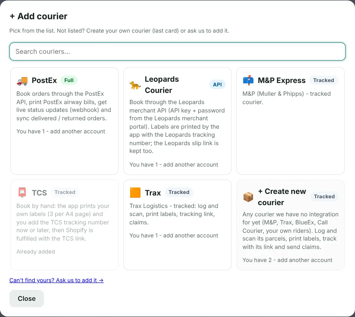 Adding a courier: built-in couriers, couriers the platform added, and "Create new courier".