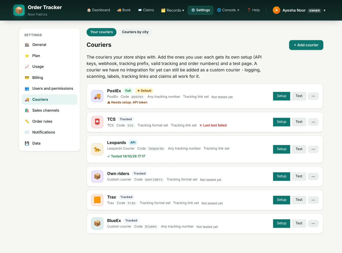 Your couriers, each with its type, default star, test result, Setup and Test.