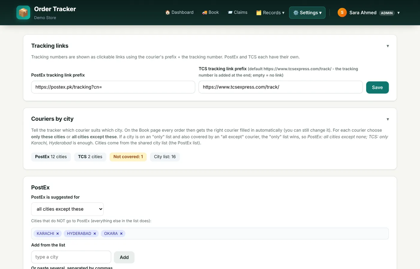 Tracking links at the top, then one card per courier.