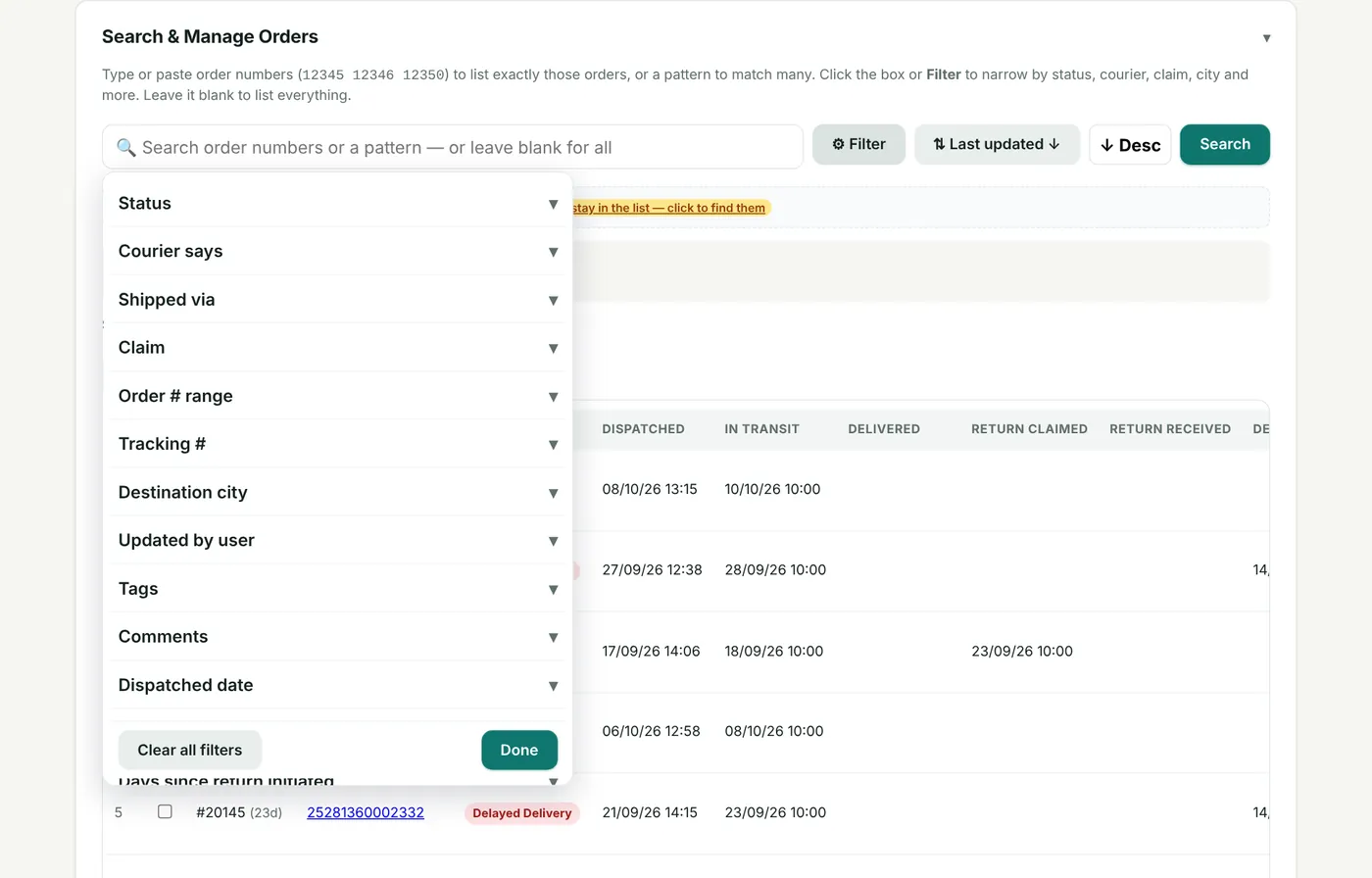The filter panel. Clear all filters returns to everything.