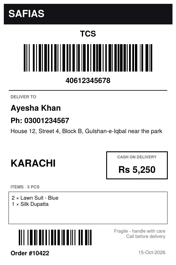 The Thermal 4 × 6 design: tracking barcode on top, products in a box, order barcode at the bottom.