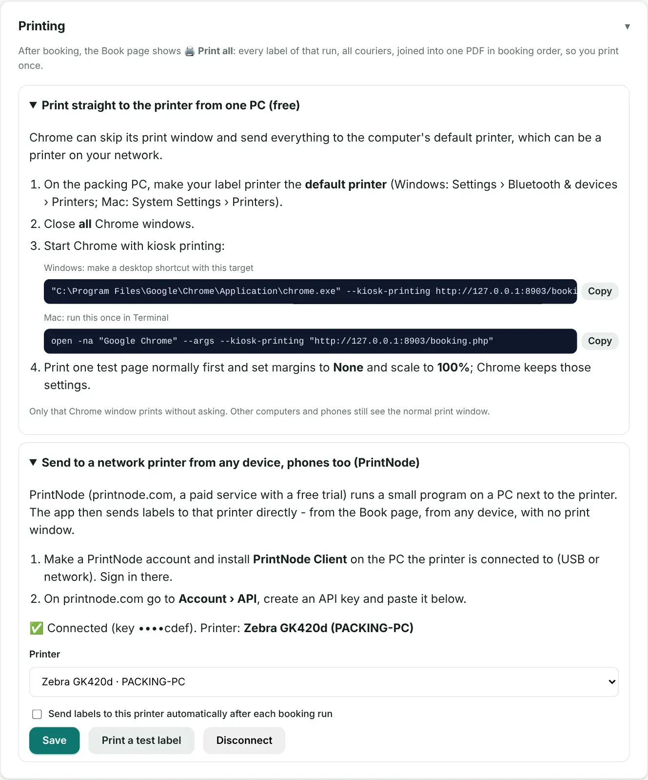Printing settings: the free PC method and PrintNode.