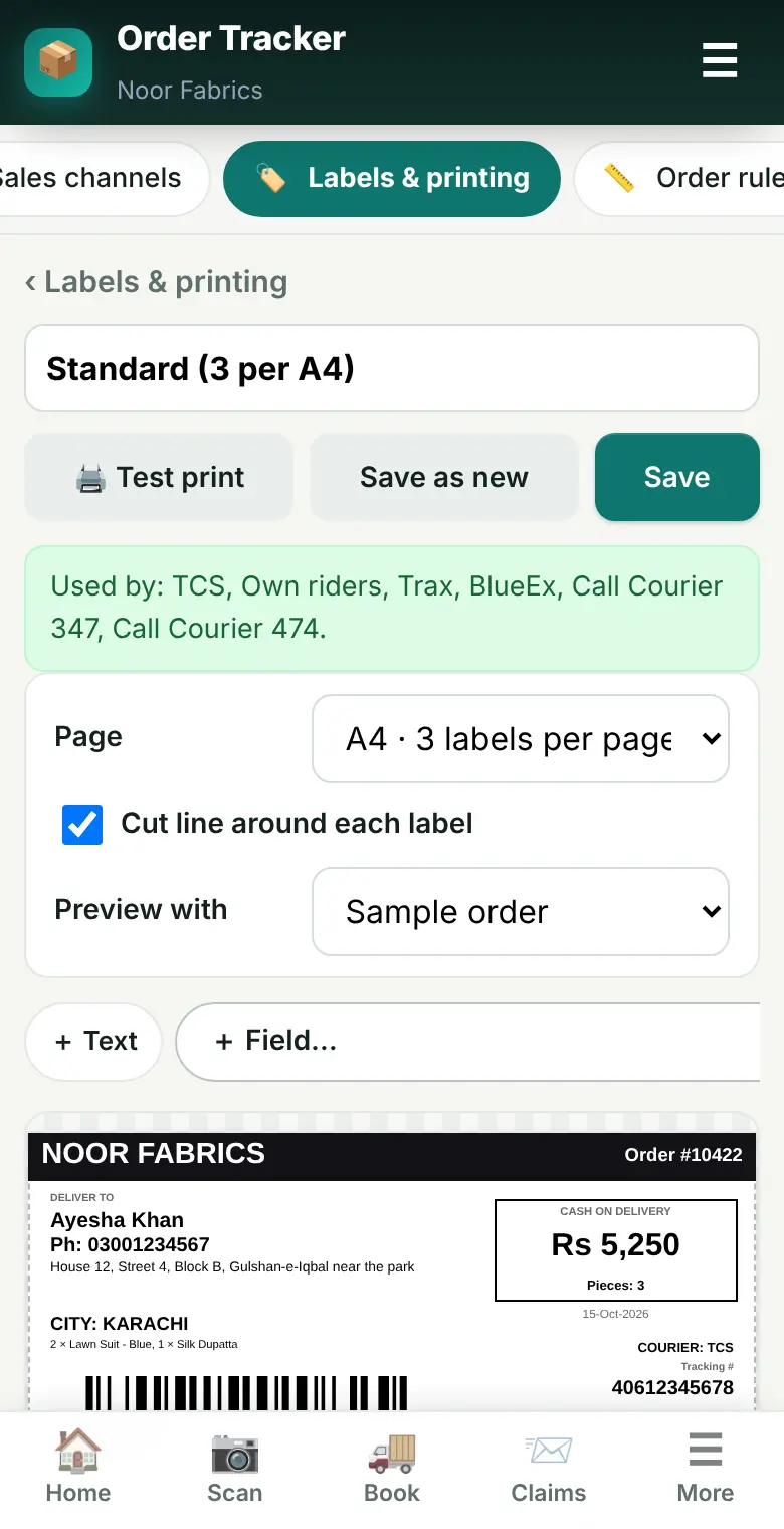 Even the label designer works by touch: tap a block, drag it, drag the dot to resize.