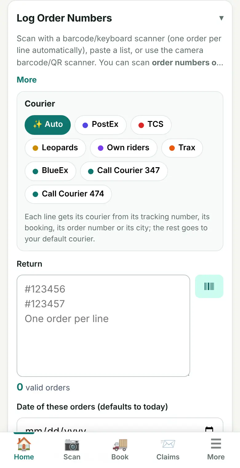 Scan opens Log Order Numbers, courier switch on top.