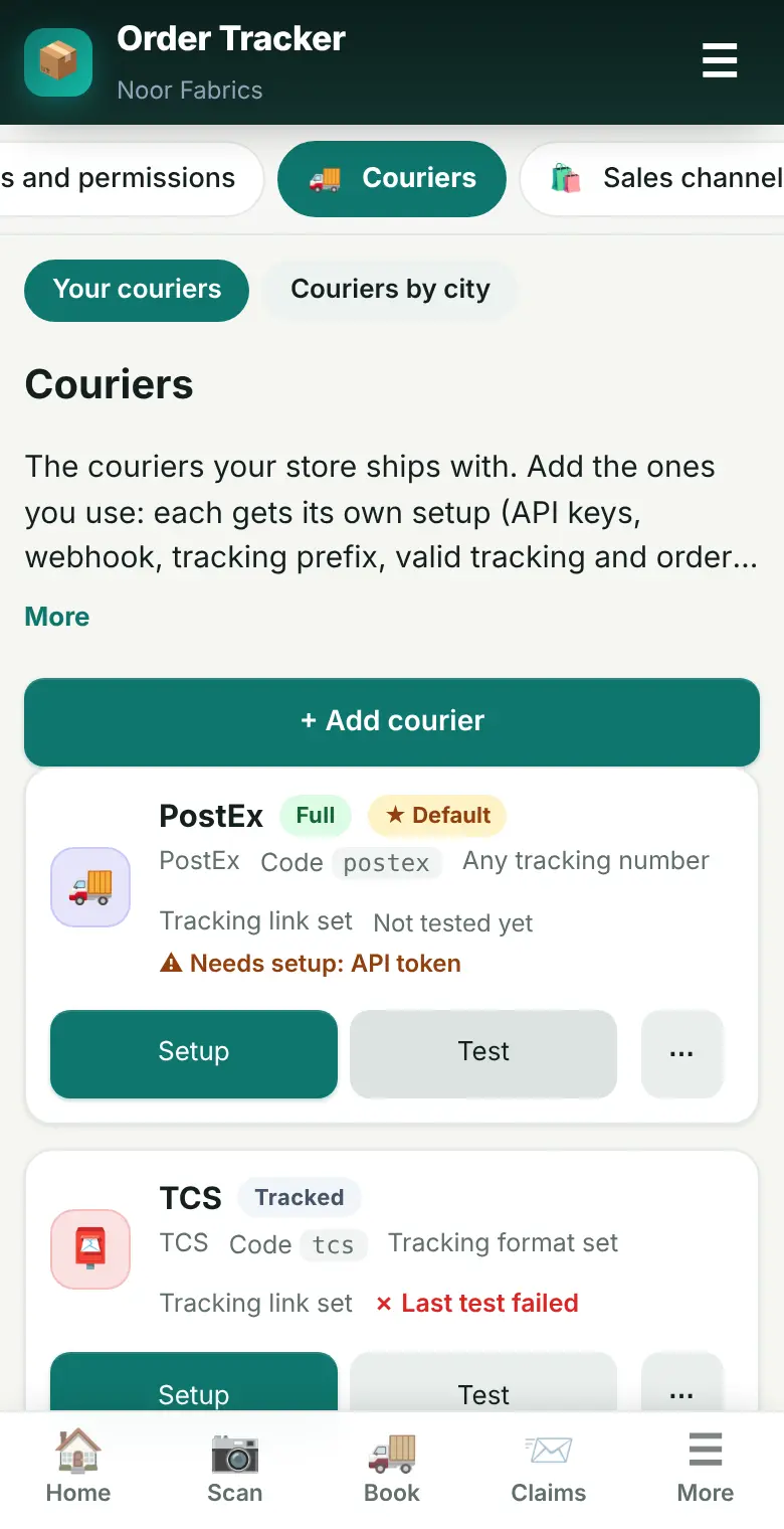 Settings on a phone: the section strip and courier cards.