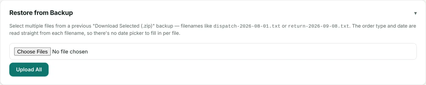 Restore from Backup: select all the .txt files from the zip.