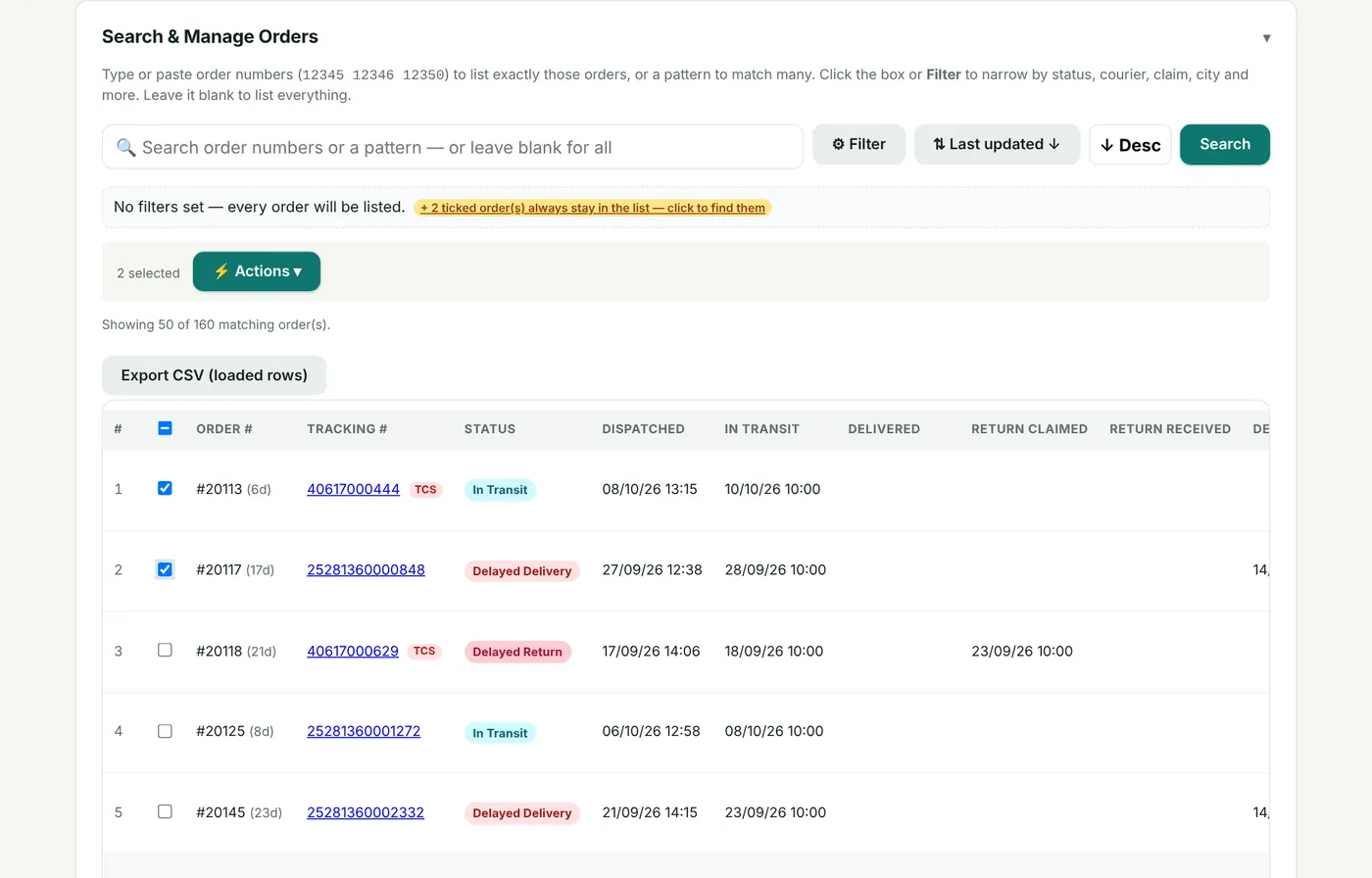 Search results. Tick orders to act on them.