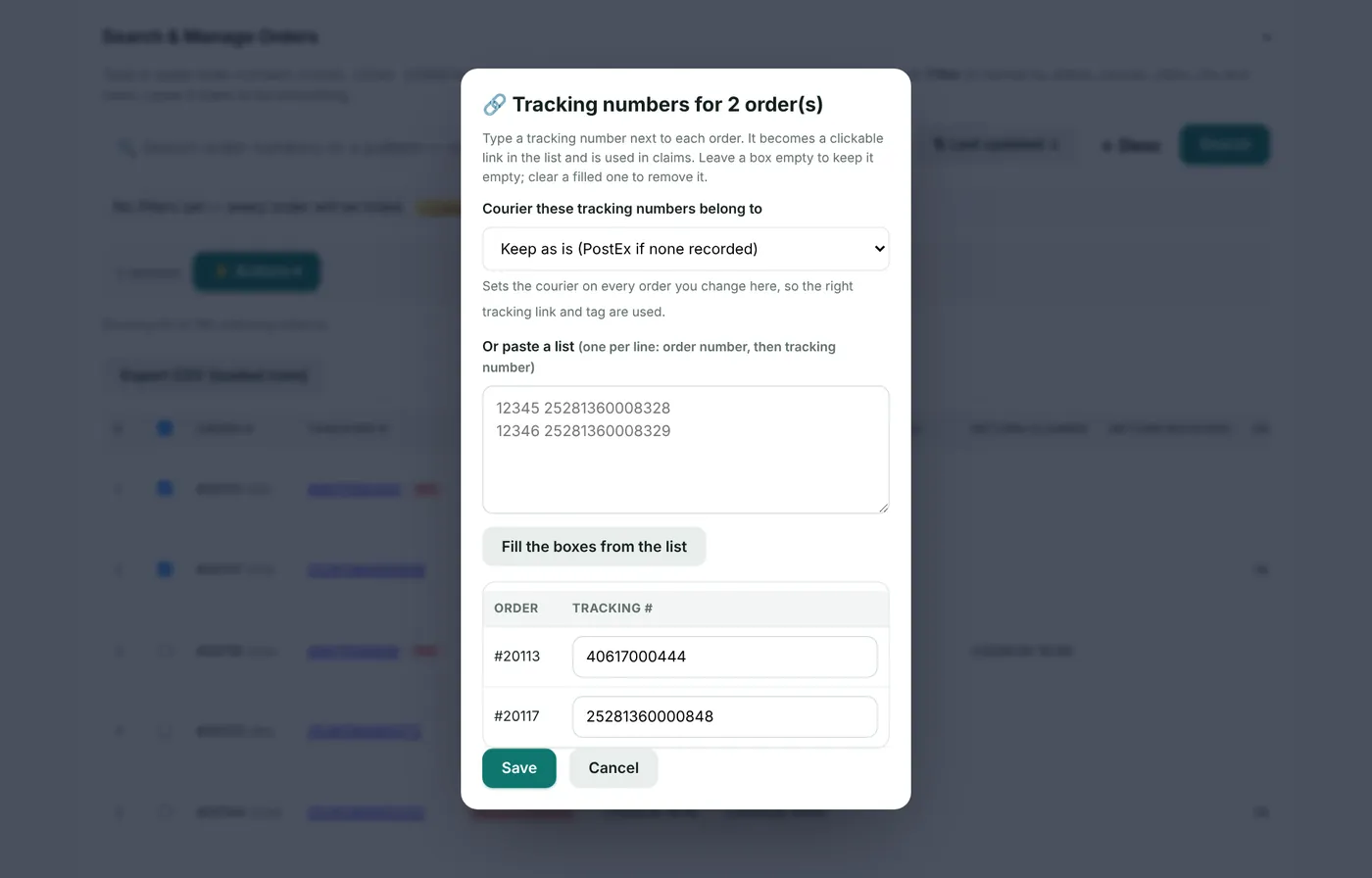 Set tracking #: one box per order, or paste "order tracking" pairs.