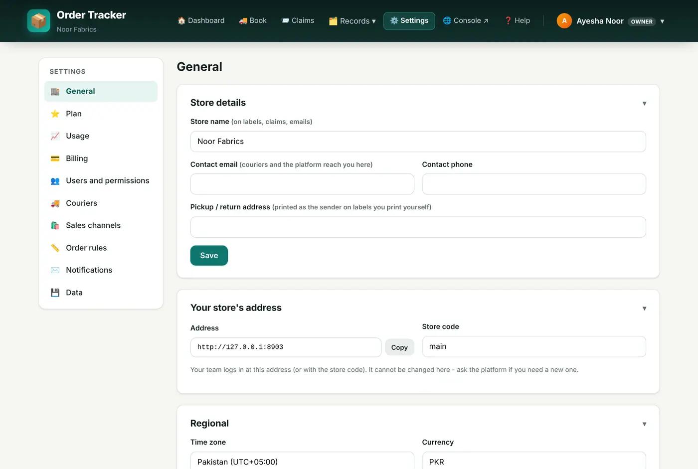 Settings, with its tab list on the left.