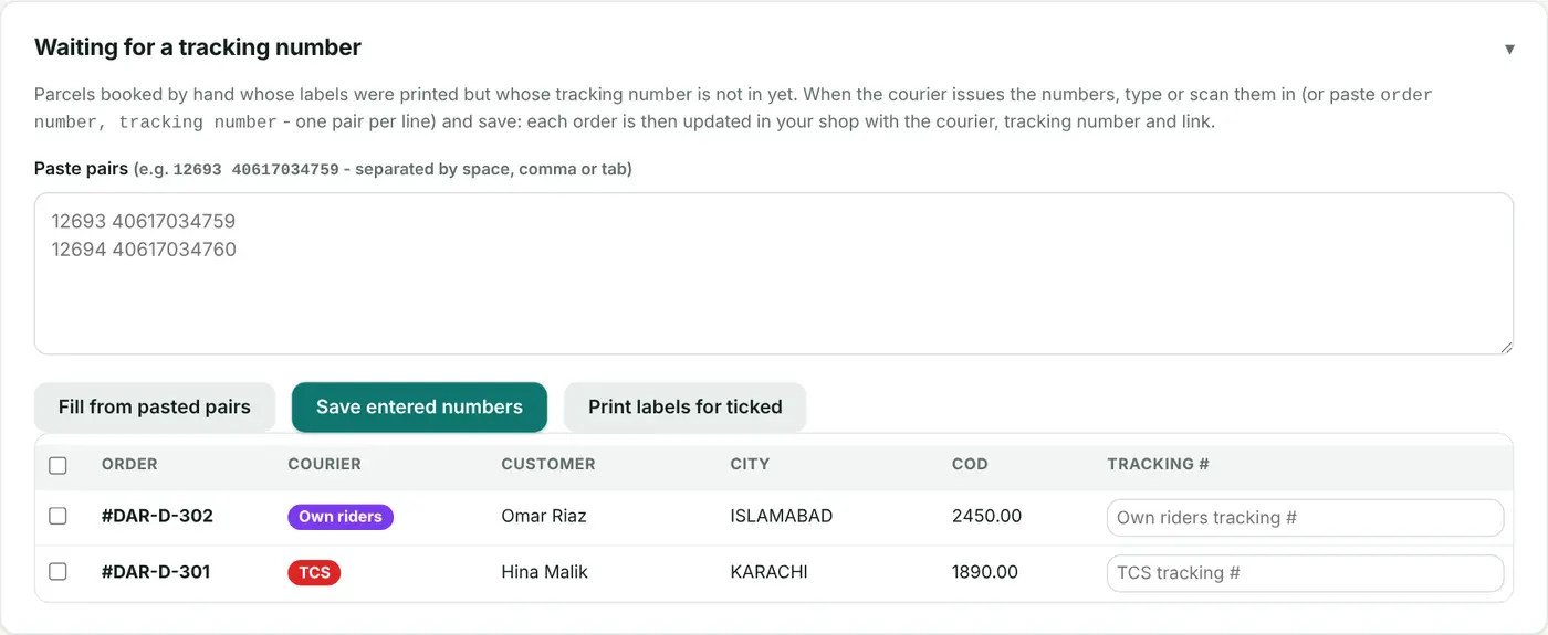 Waiting for tracking numbers. Tick orders to reprint their labels.
