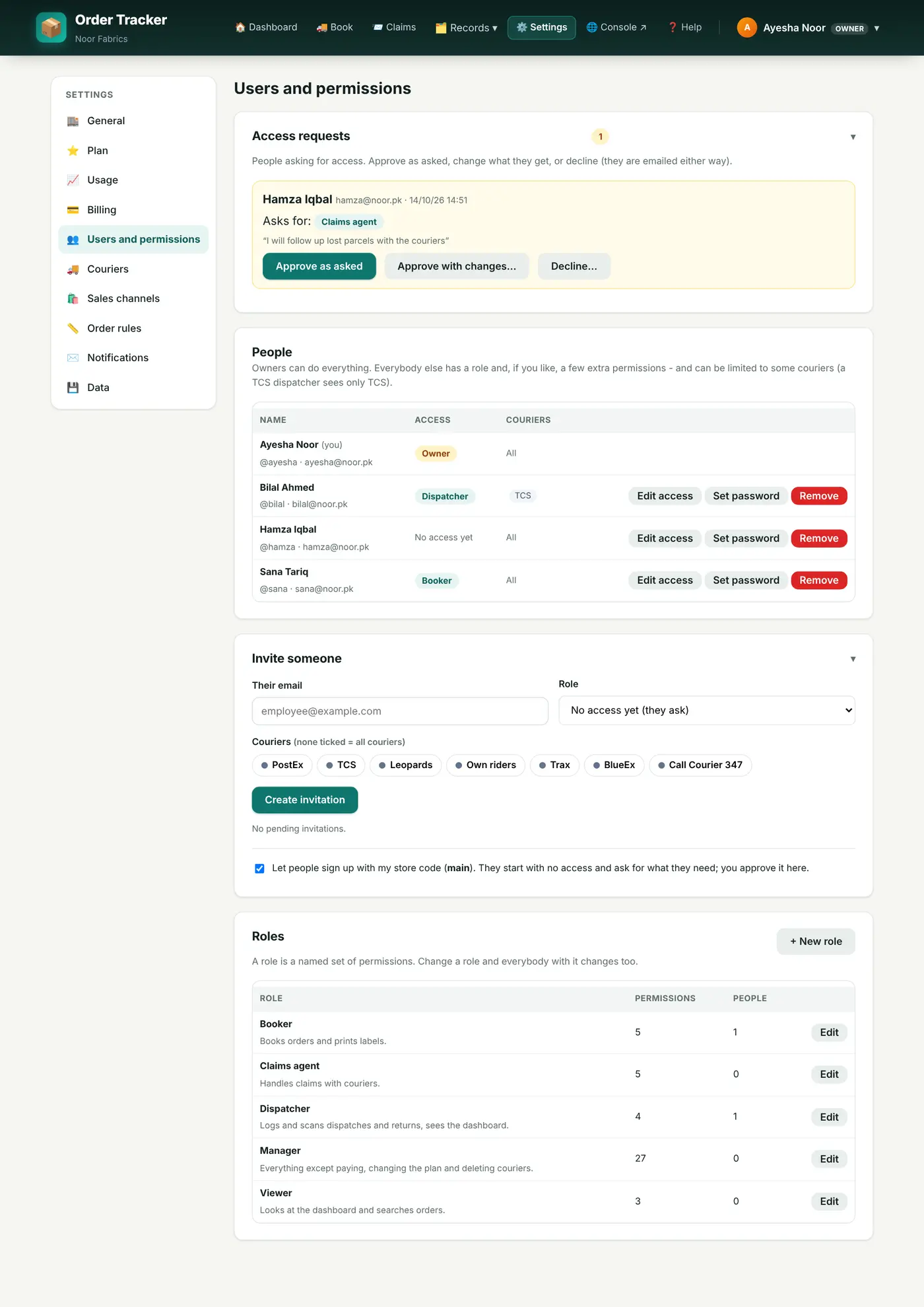 Users and permissions: requests, people, invitations and roles.